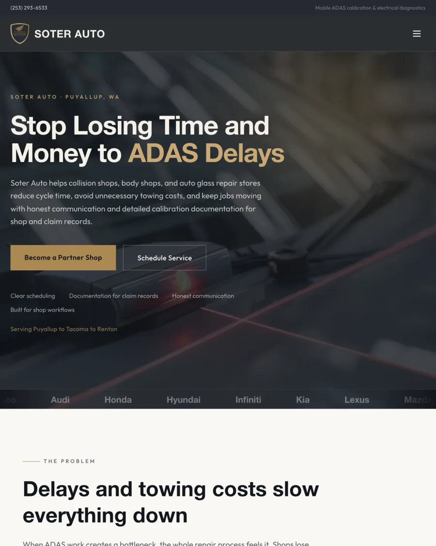 The new soterauto.com homepage, showing the ADAS-calibration hero and partner-shop calls to action